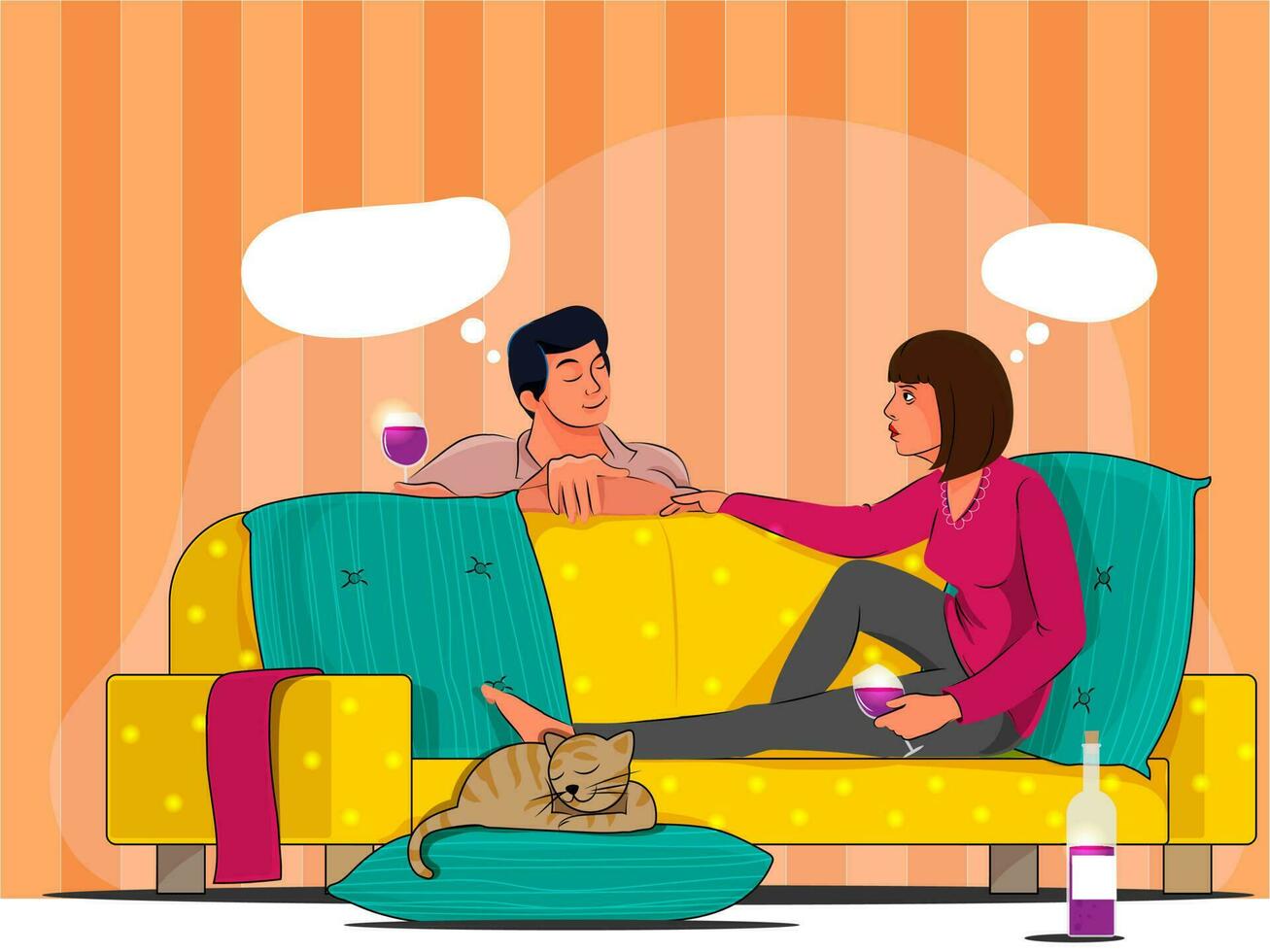 Young Couple Enjoying Drink On Sofa With Cat Lying At Pillows In Interior View. vector