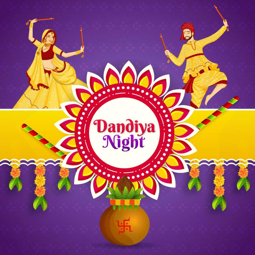 Dandiya Night party poster or template design with illustration of couple dandiya dance and worship kalash on purple background. vector