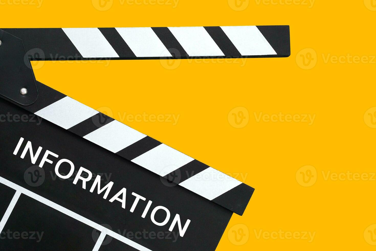 Clapperboard or movie slate black color with information text title on clapperboard. Cinema industry, video production and film concept. photo