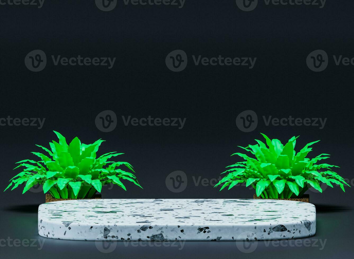 3d Stone podium for promotion on beige background.Marble product showcase front view. shiny light green fern leaves photo