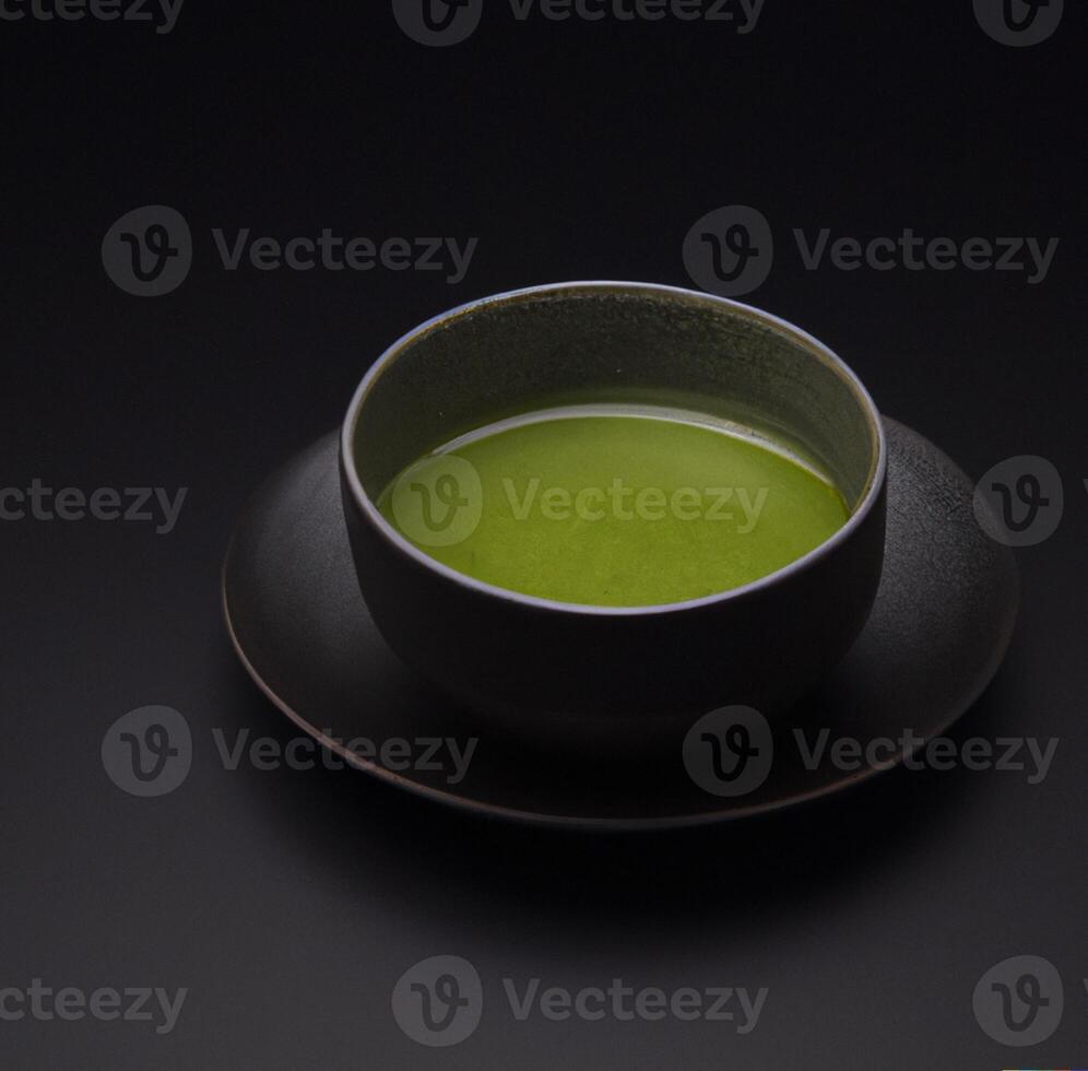Matcha tea in the cup isolated on black background close up. Japanese tea ceremony concept. . photo