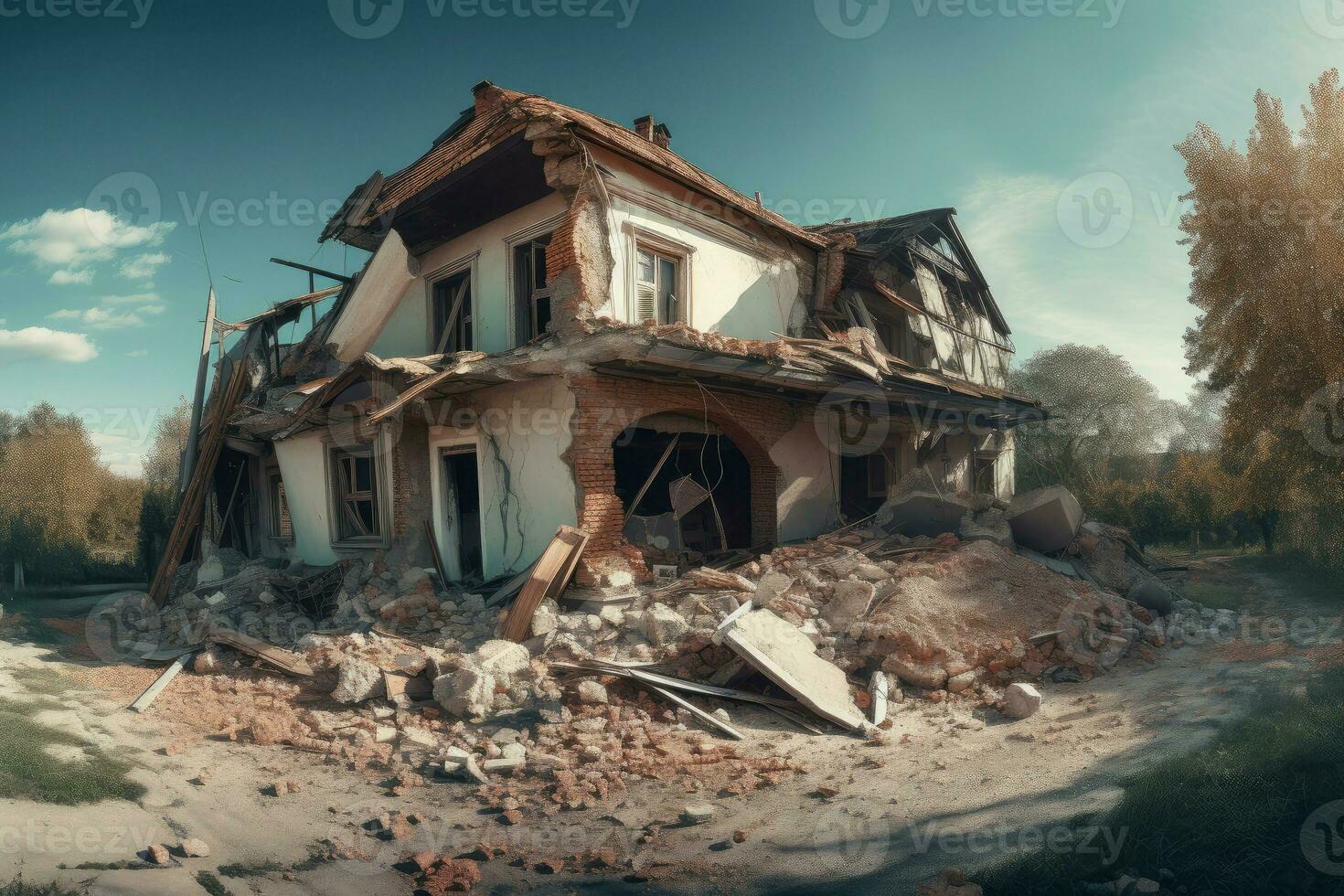 Ruined house after earthquake. Generate Ai photo