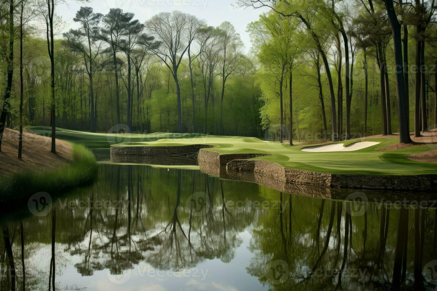 Golf course nature river. Generate Ai photo