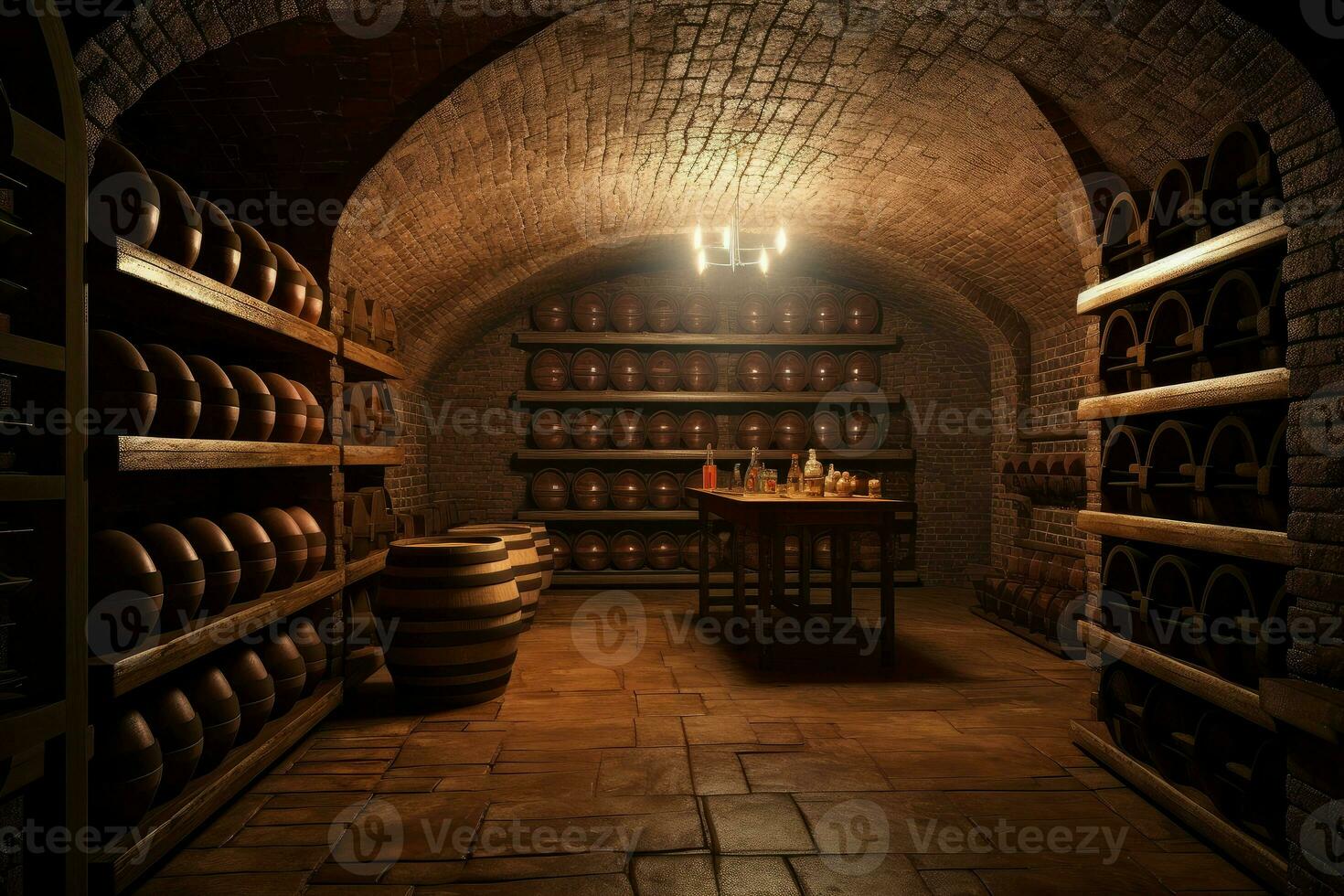 Wine cellar with wood racks. Generate Ai photo