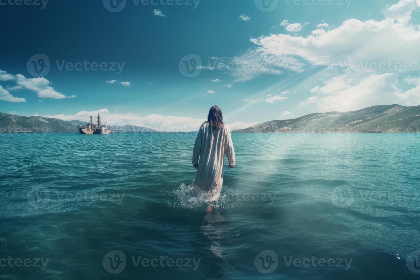 Jesús Cristo caminando agua. generar ai foto