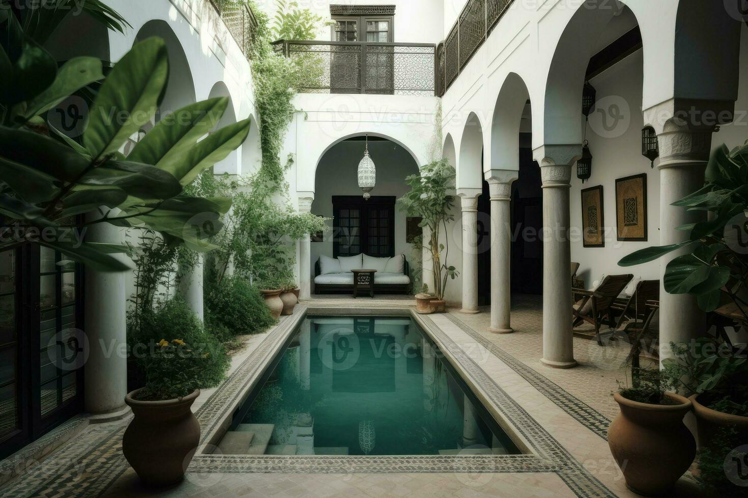 Beautiful patio with swim pool. Generate Ai photo