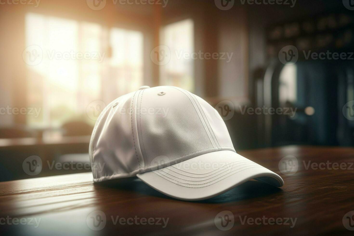 Baseball white cap on table. Generate Ai photo