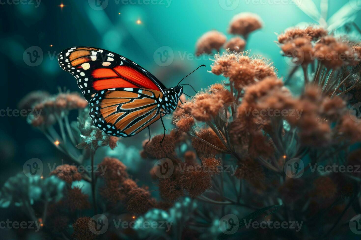 Monarch butterfly on wild flowers. Generate Ai photo