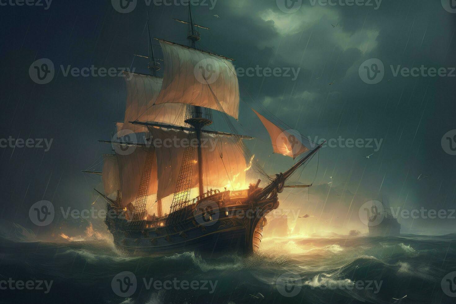 Ship in sea storm. Generate Ai photo