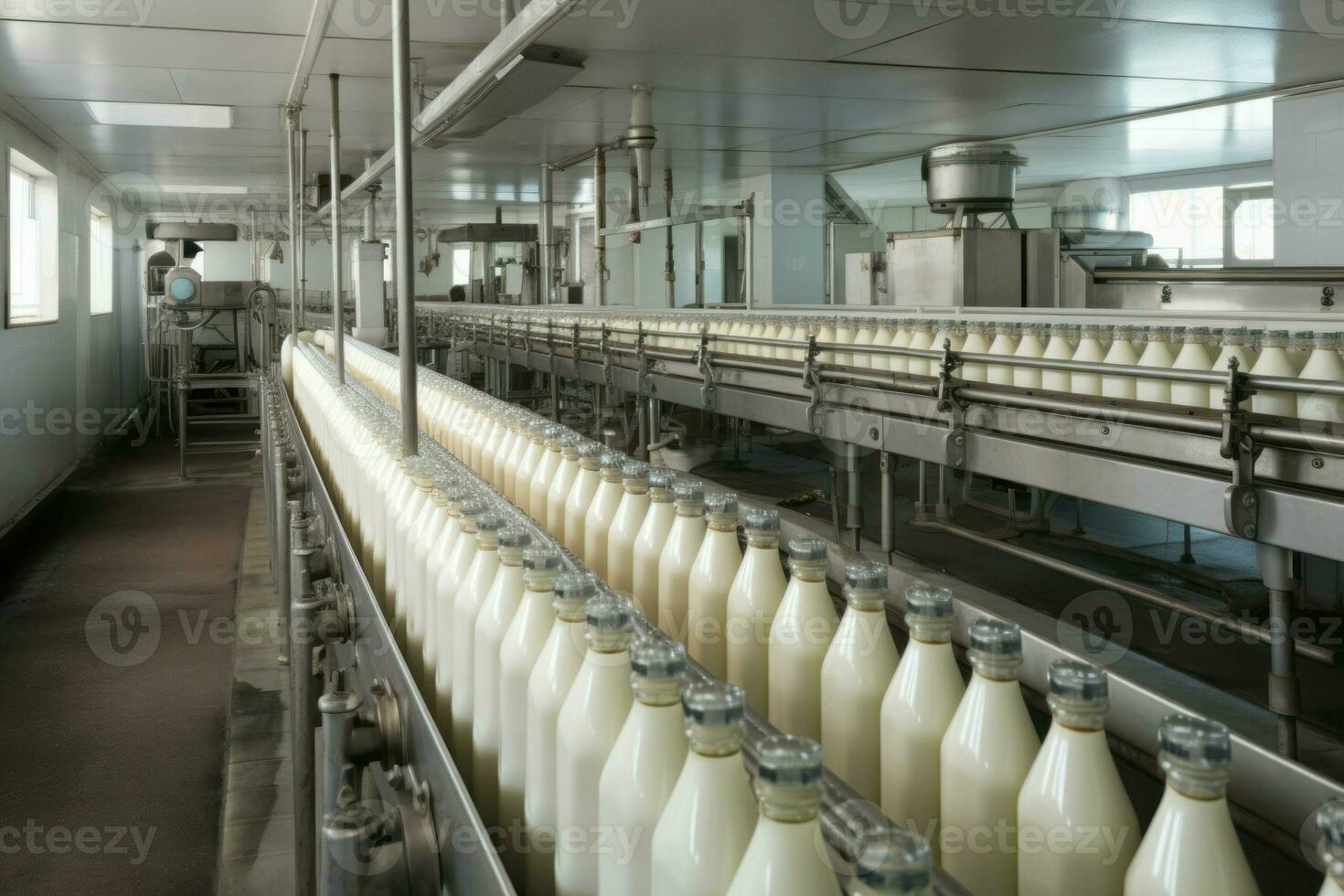 Milk bottle conveyor. Generate Ai photo