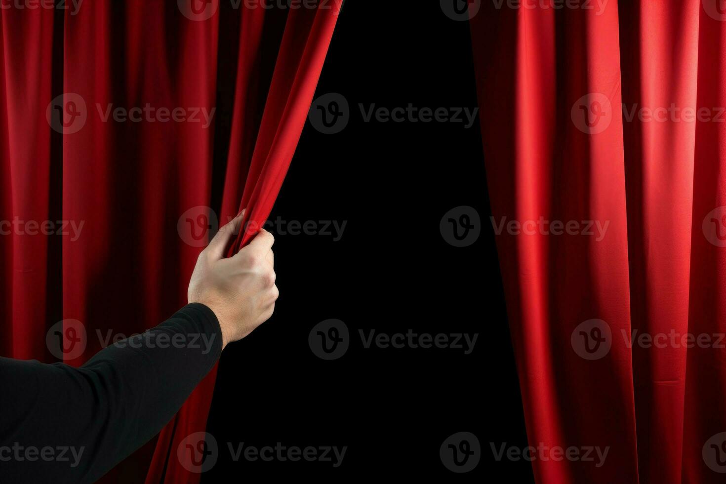 Man open red curtains. Generate Ai photo
