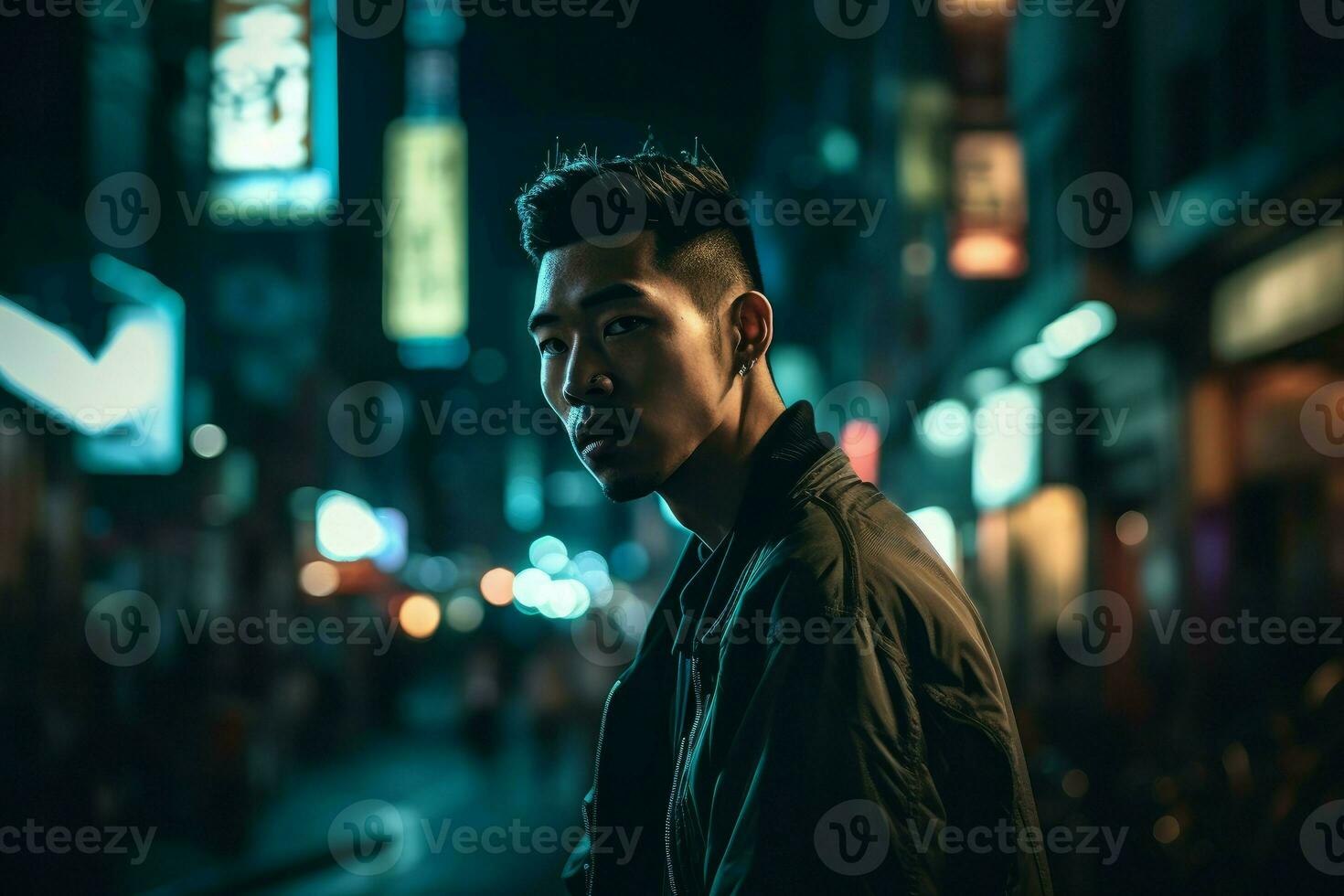 Asian man cyberpank neon. Generate Ai photo
