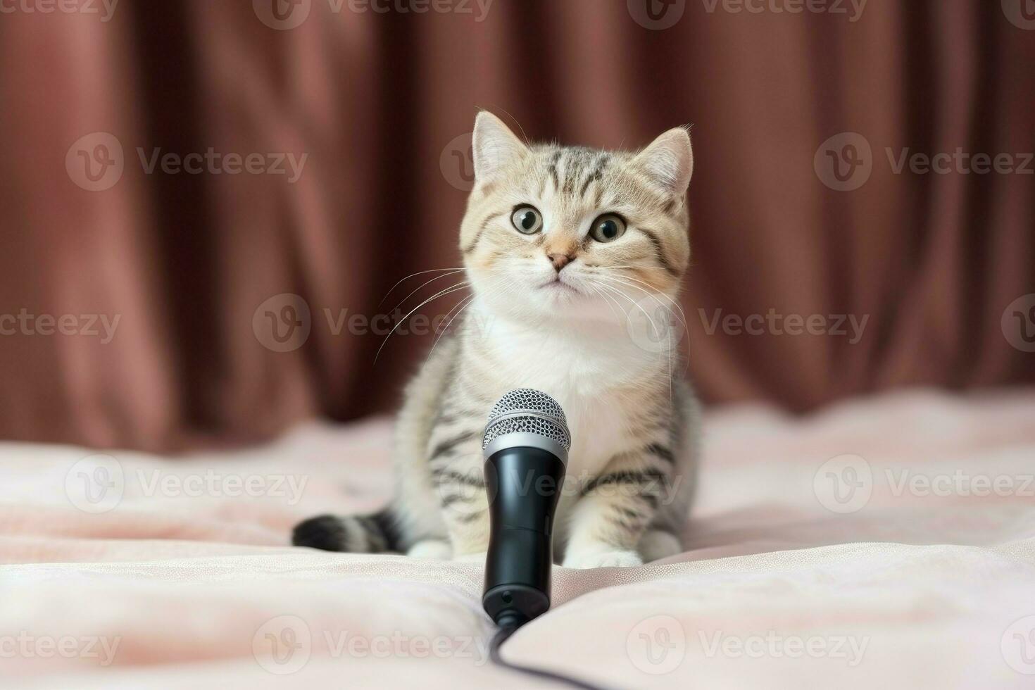 Cute smart cat near microphone sing. Generate Ai photo