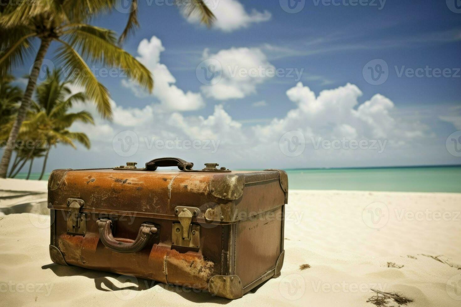 Suitcase tropical beach sand. Generate Ai photo