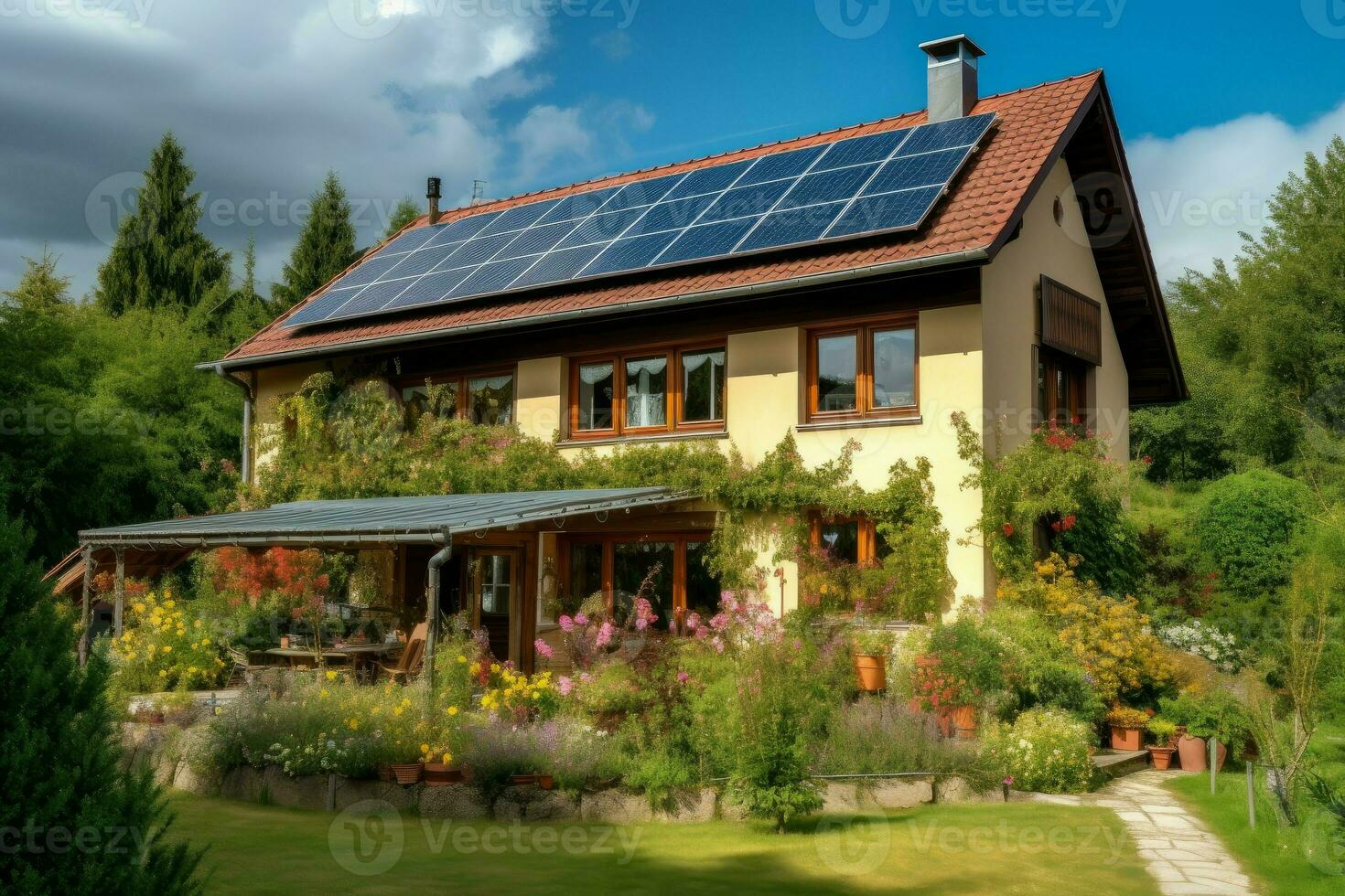 Solar panel house. Generate Ai photo