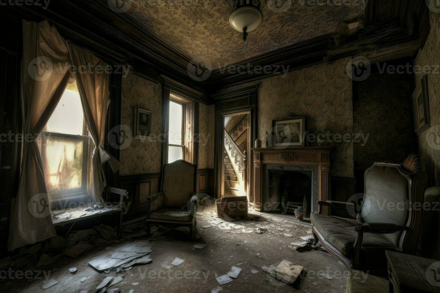 Abandoned haunted interior house. Generate Ai photo