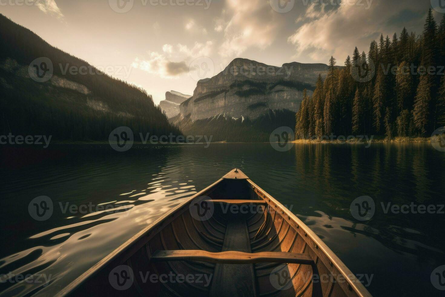 barco en río montañas puesta de sol. generar ai foto