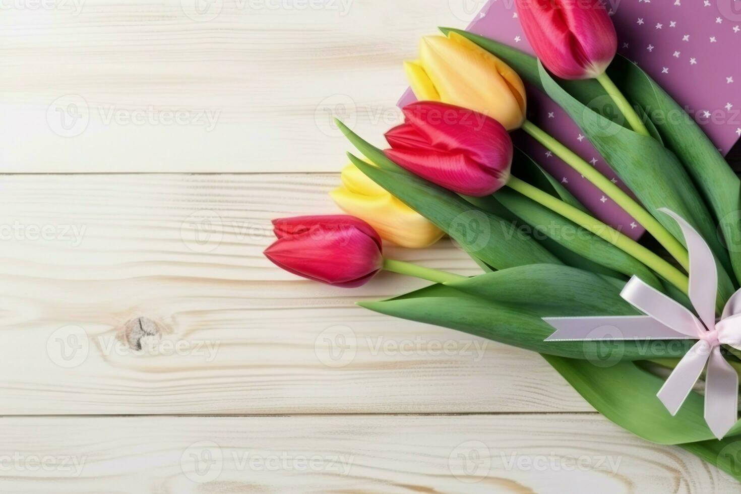 Tulips presents on table spring card. Generate Ai photo