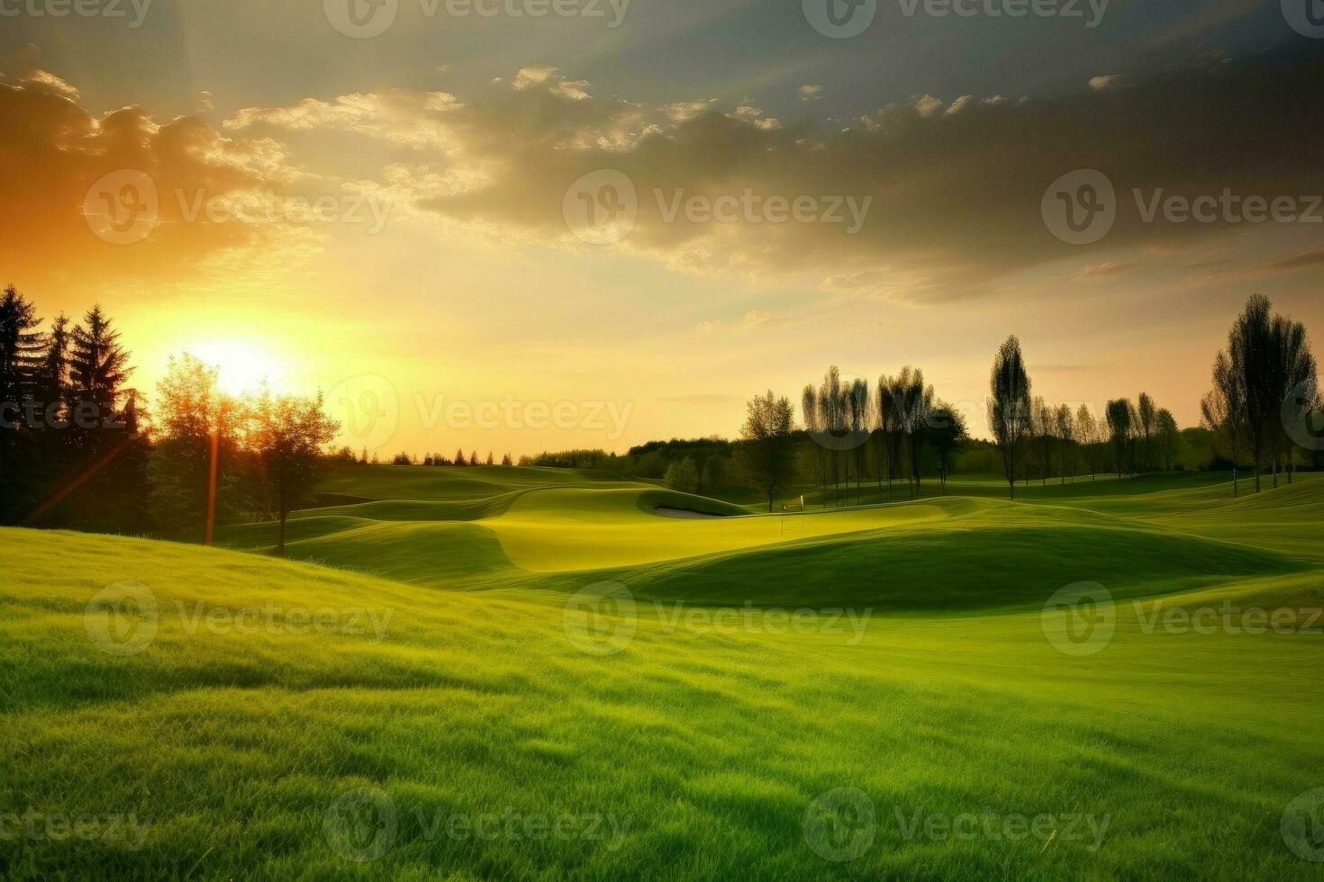 Green gold course sunset. Generate AI photo