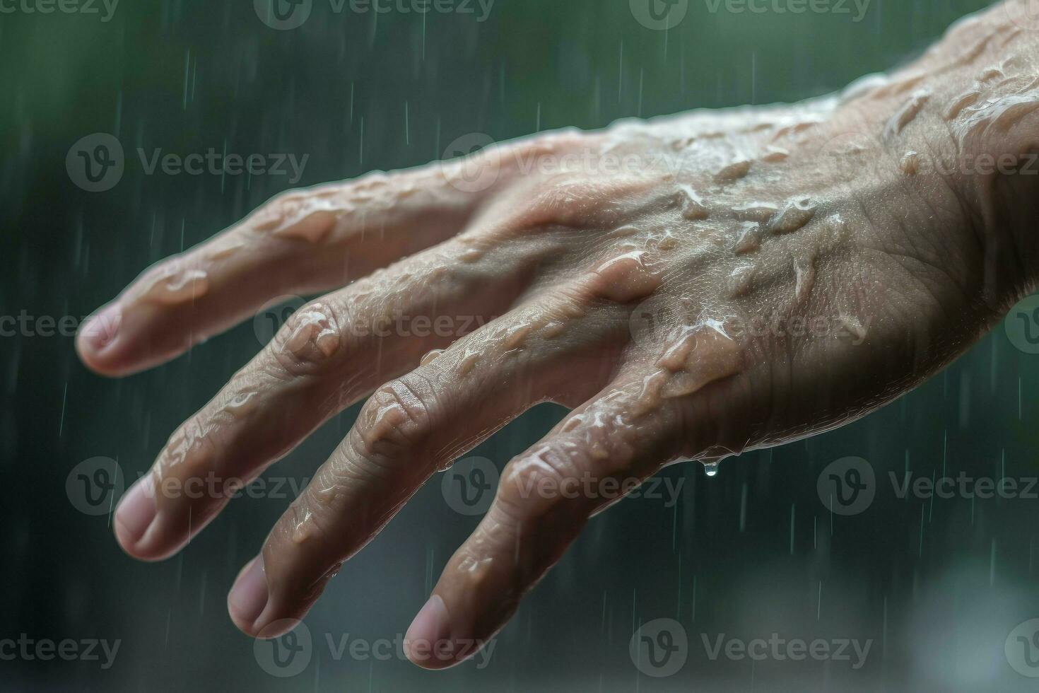 Closeup hand in rain climate. Generate Ai photo