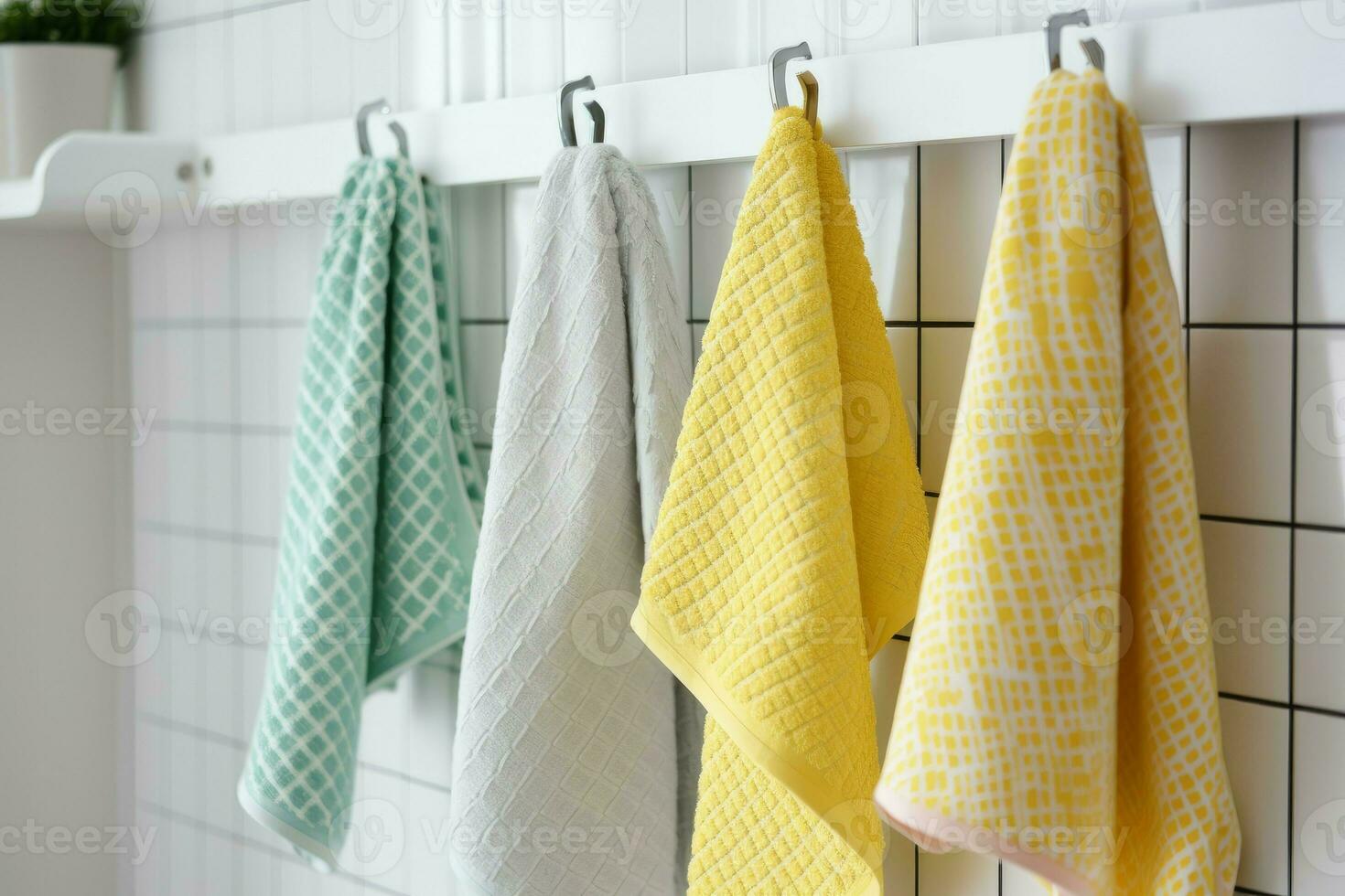 Kitchen colorful towels haning on rack. Generate AI photo