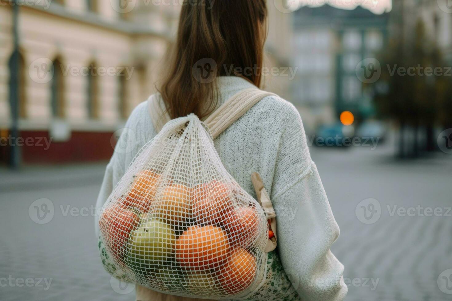 Back view woman reusable bag. Generate Ai photo