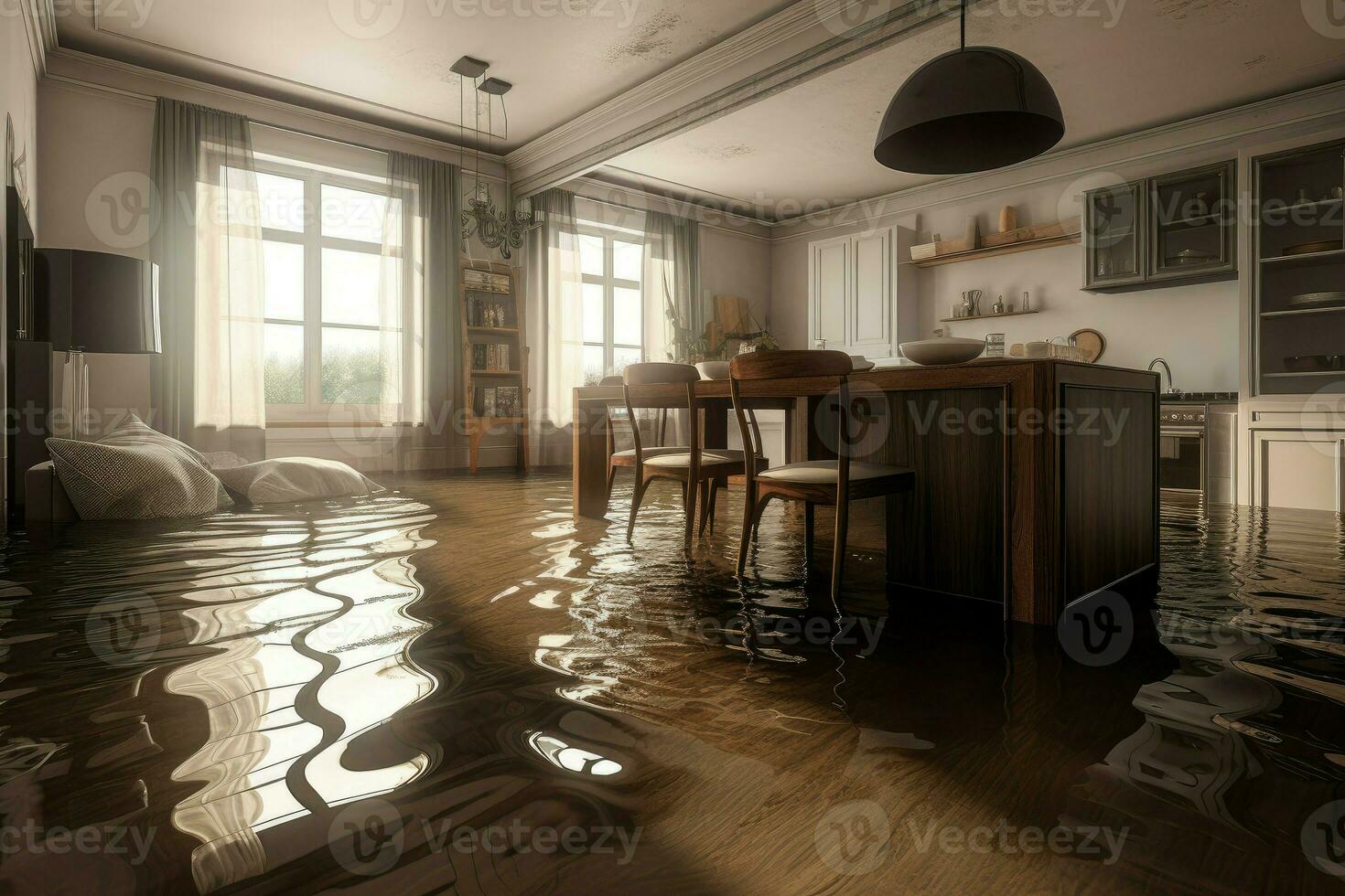 Flooded flat interior room. Generate Ai photo