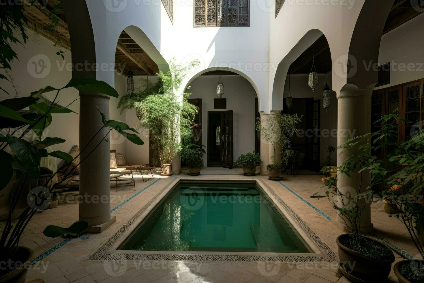 Patio with swim pool. Generate Ai photo