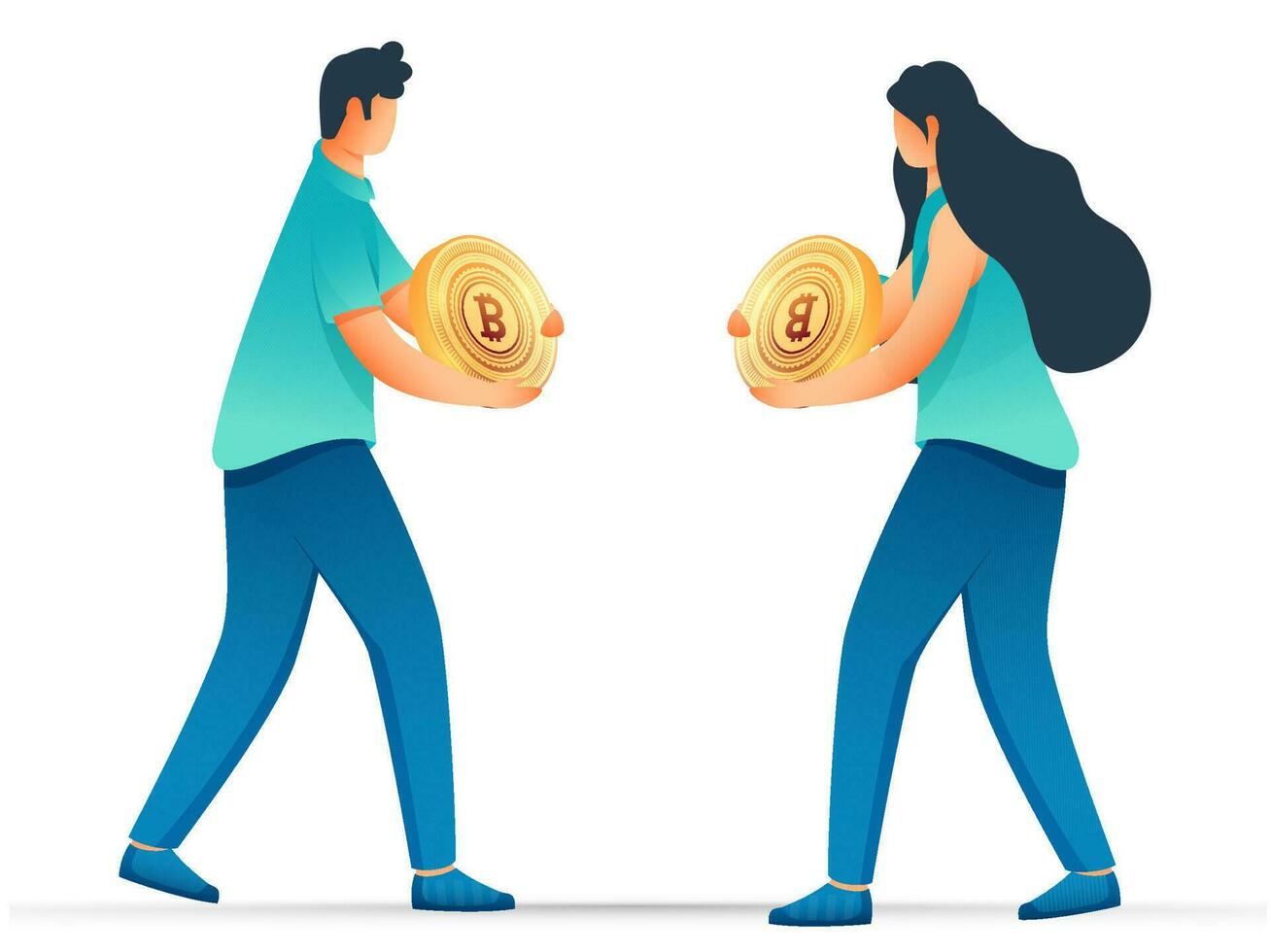 ilustración de joven hombre y mujer participación dorado bitcoin en blanco antecedentes. vector