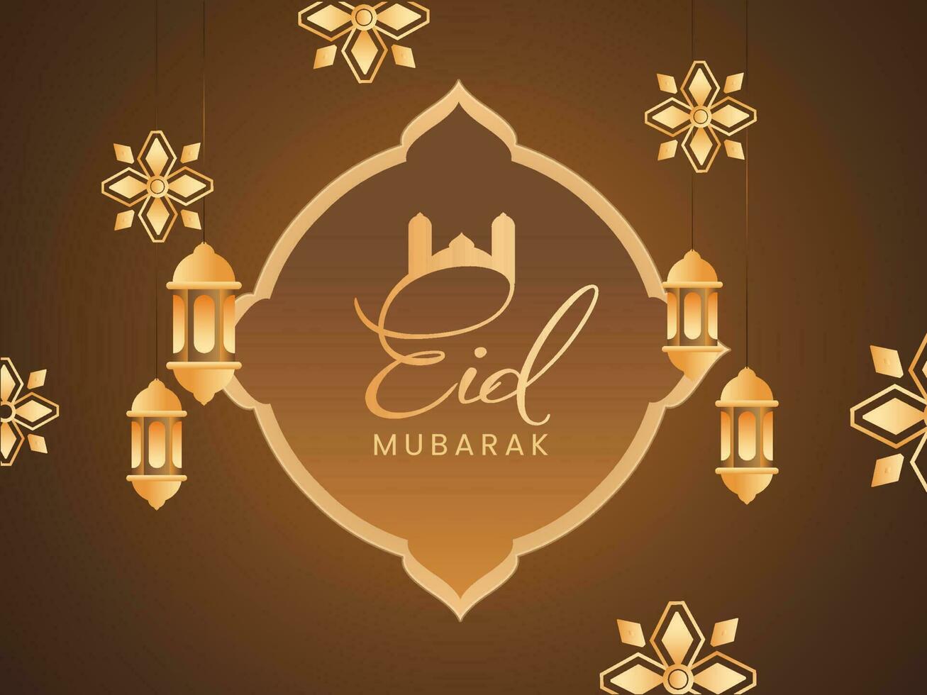 Eid Mubarak Font With Hanging Arabic Lanterns Decorated On Brown Background. vector