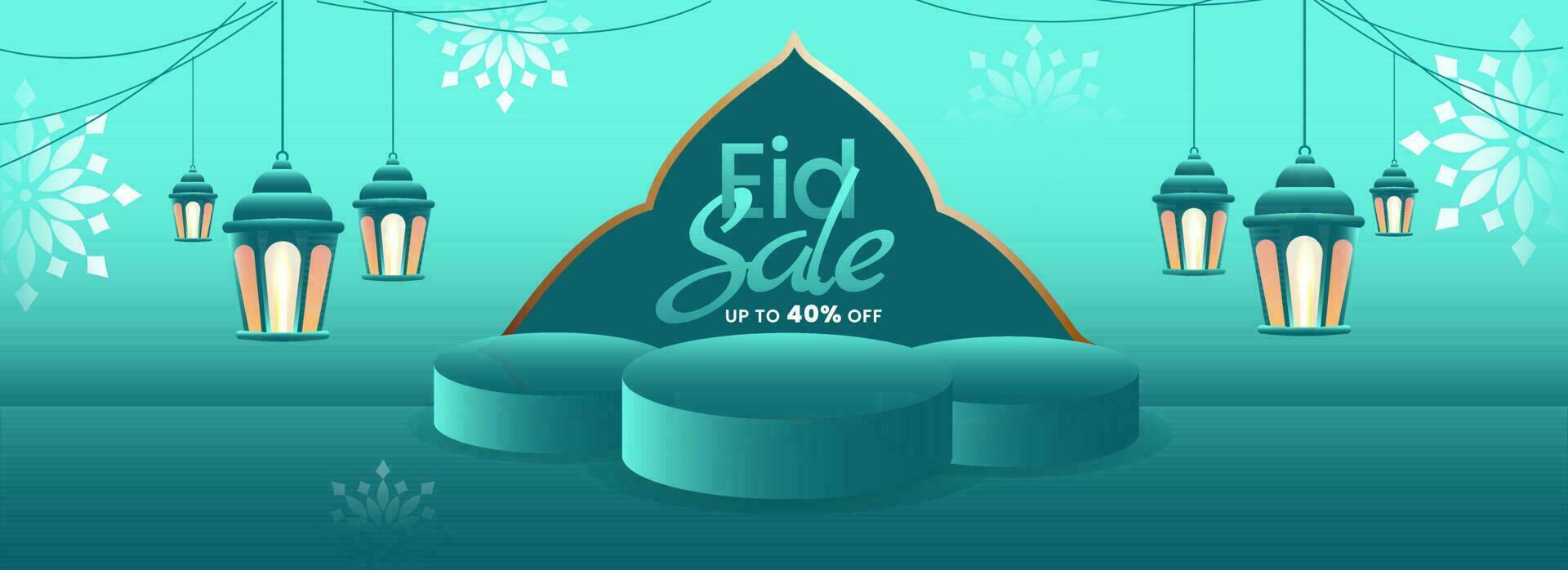 Eid Sale Banner Or Header Design With Discount Offer And Lanterns Hang On Turquoise Background. vector