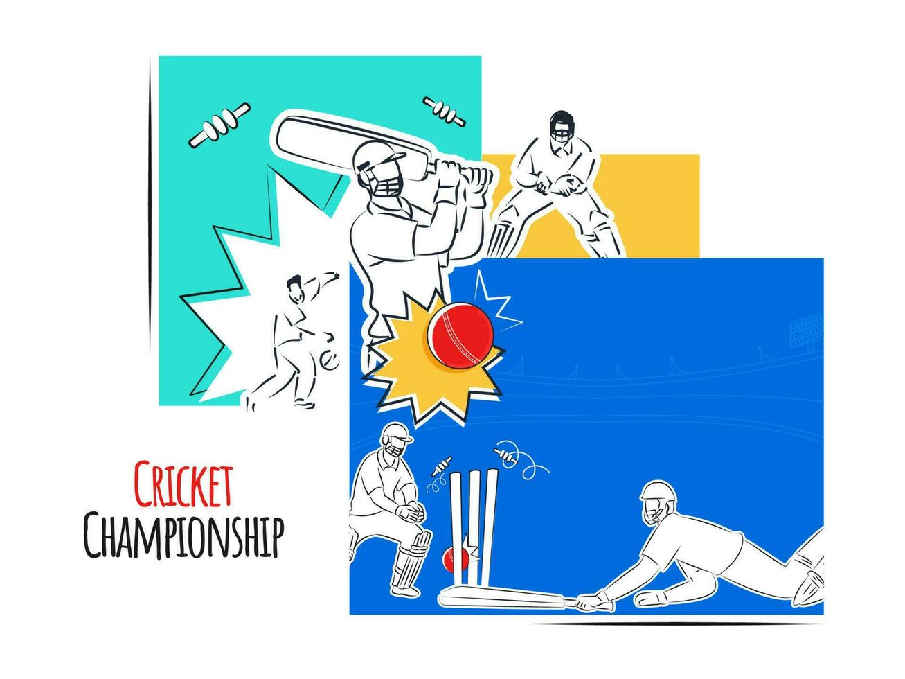 Vector Illustration Of Cricket Players In Playing Position On Abstract Background For Championship Concept.