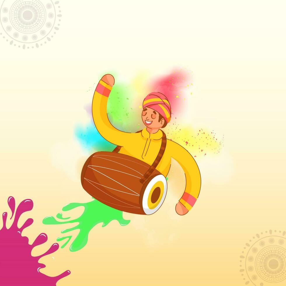 Cartoon Man Playing Dhol With Color Splash On Yellow Background. vector