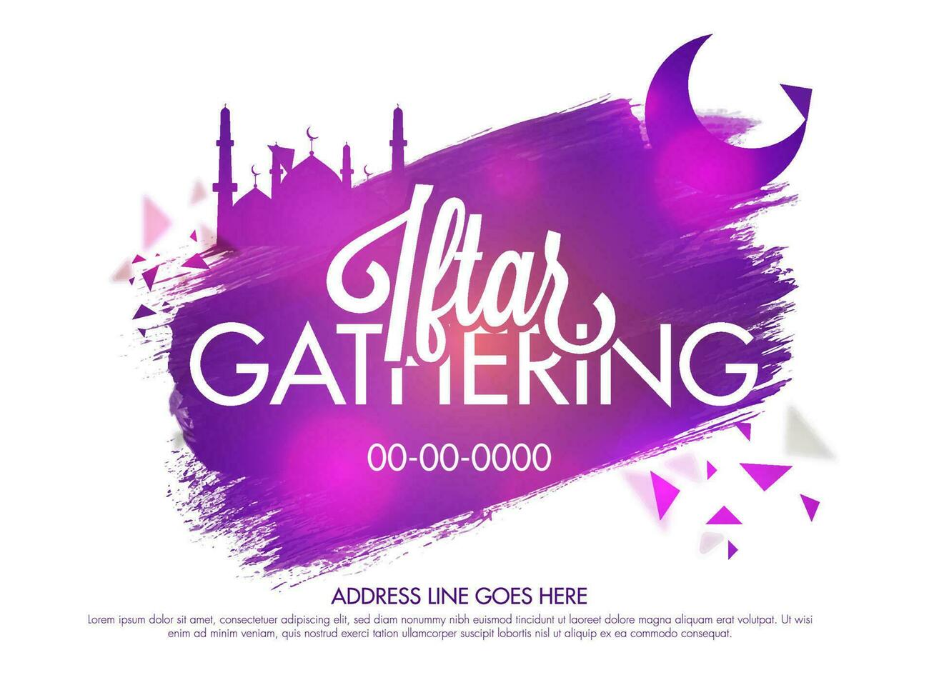 Iftar Gathering Invitation Card, Poster Design With Purple Brush Effect Crescent Moon, Mosque On White Background. vector