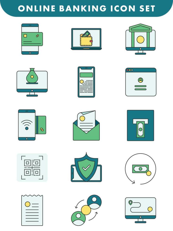 Flat Style Online Banking Icon Set In Colorful. vector