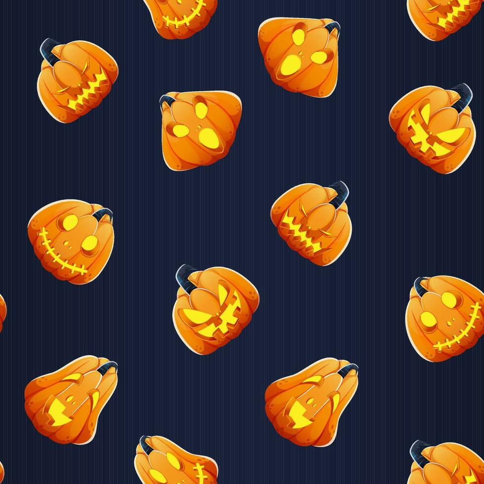Illuminated Jack-O-Lanterns Seamless Pattern Background In Orange And Blue Color. vector