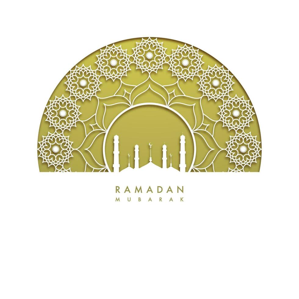 láser cortar Exquisito medio mandala marco con mezquita en verde y blanco antecedentes para Ramadán Mubarak concepto. vector