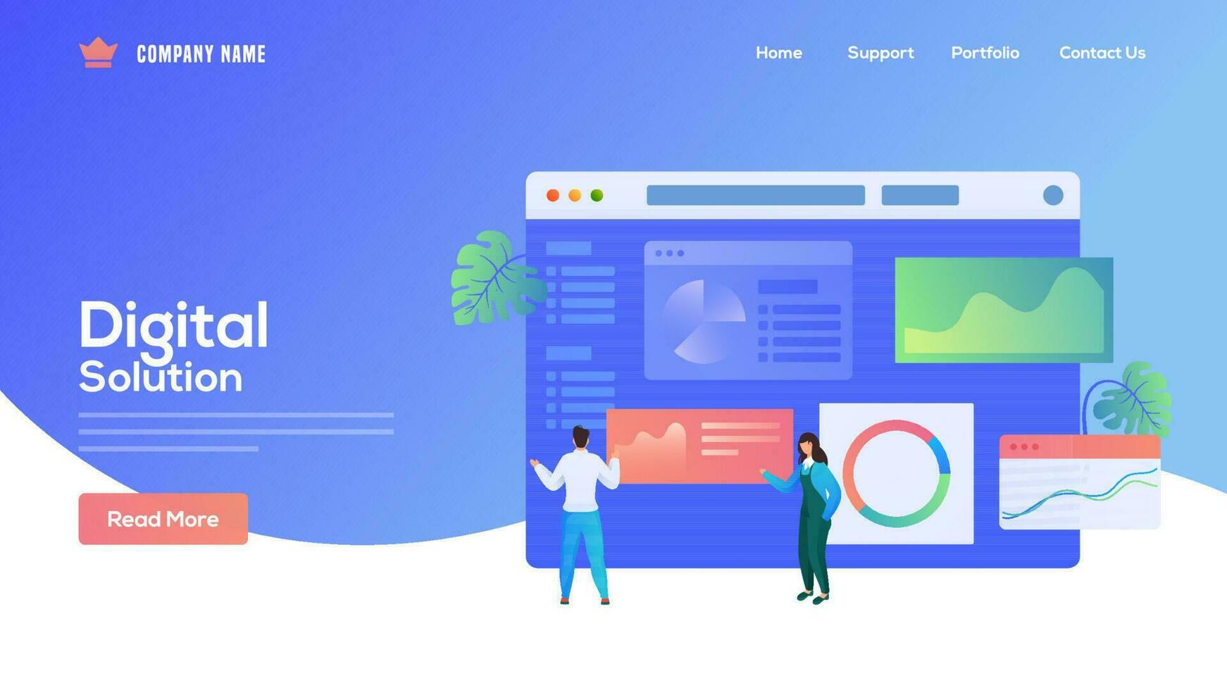 Digital Solution concept based landing page design with business man and woman maintain the website on blue background. vector