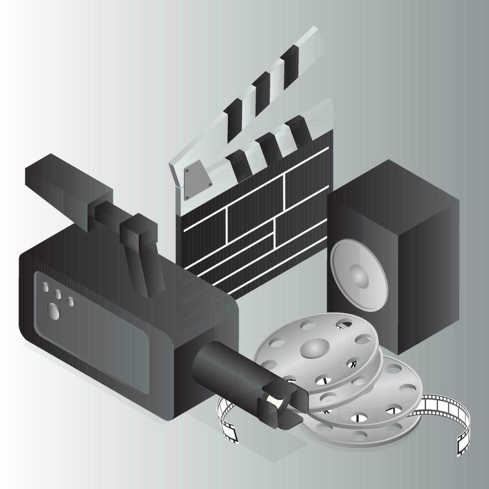 Realistic video camera with speaker, clapper and film reel on grey background. vector