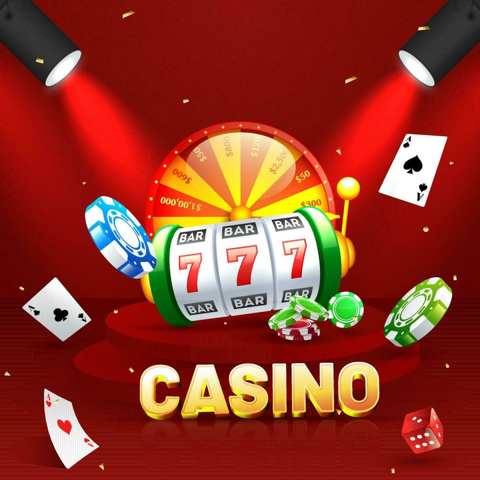 3D Golden Casino Text With Slot Machine, Fortune Wheel, Ace Cards, Poker Chips And Focus Lights On Red Stage Background. vector