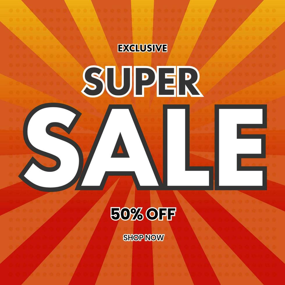 Exclusive Super Sale Poster Design With Discount Offer On Red And Orange Rays Halftone Background. vector