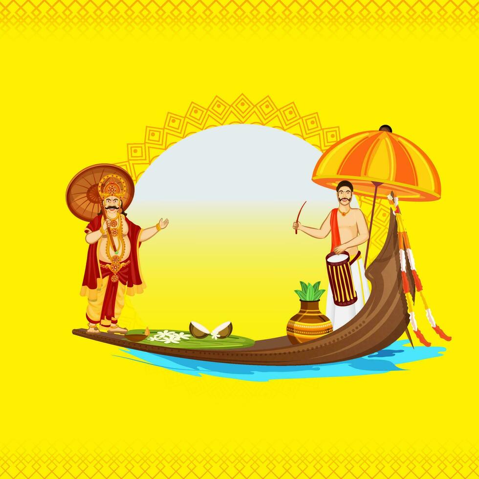 Illustration Of South Indian Drummer With King Mahabali Character, Traditional Pot And Vallam Kali On Yellow Background For Onam Festival. vector