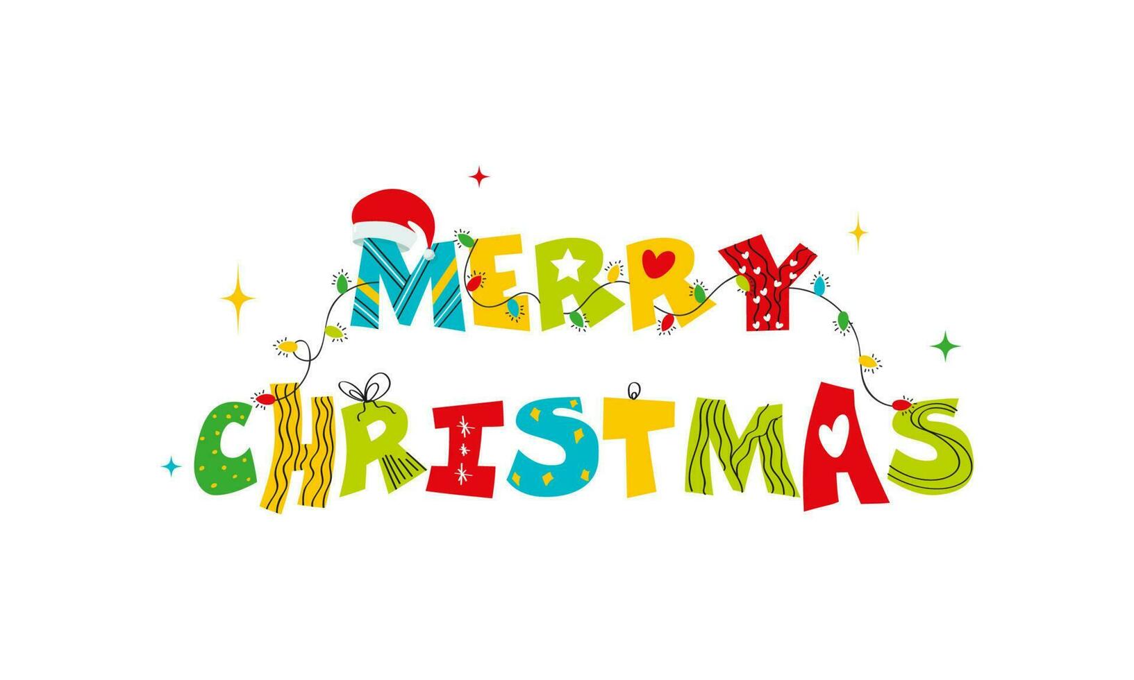 Colorful Merry Christmas Font Decorated With Santa Cap, Lighting Garland On White Background. vector