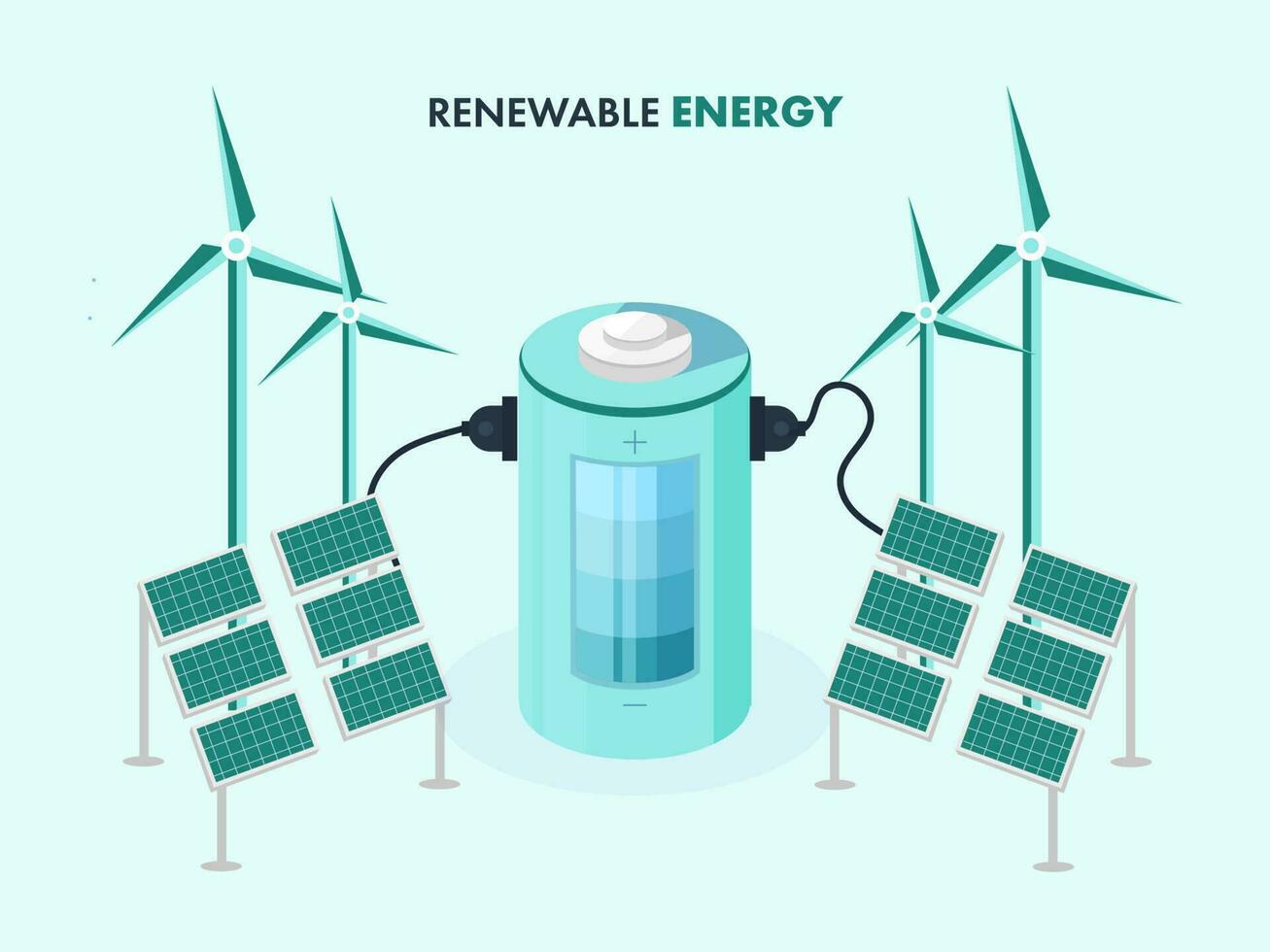 Renewable Energy Concept With 3D Illustration Of Battery Charging From Solar Panels And Windmills On Green Background. vector