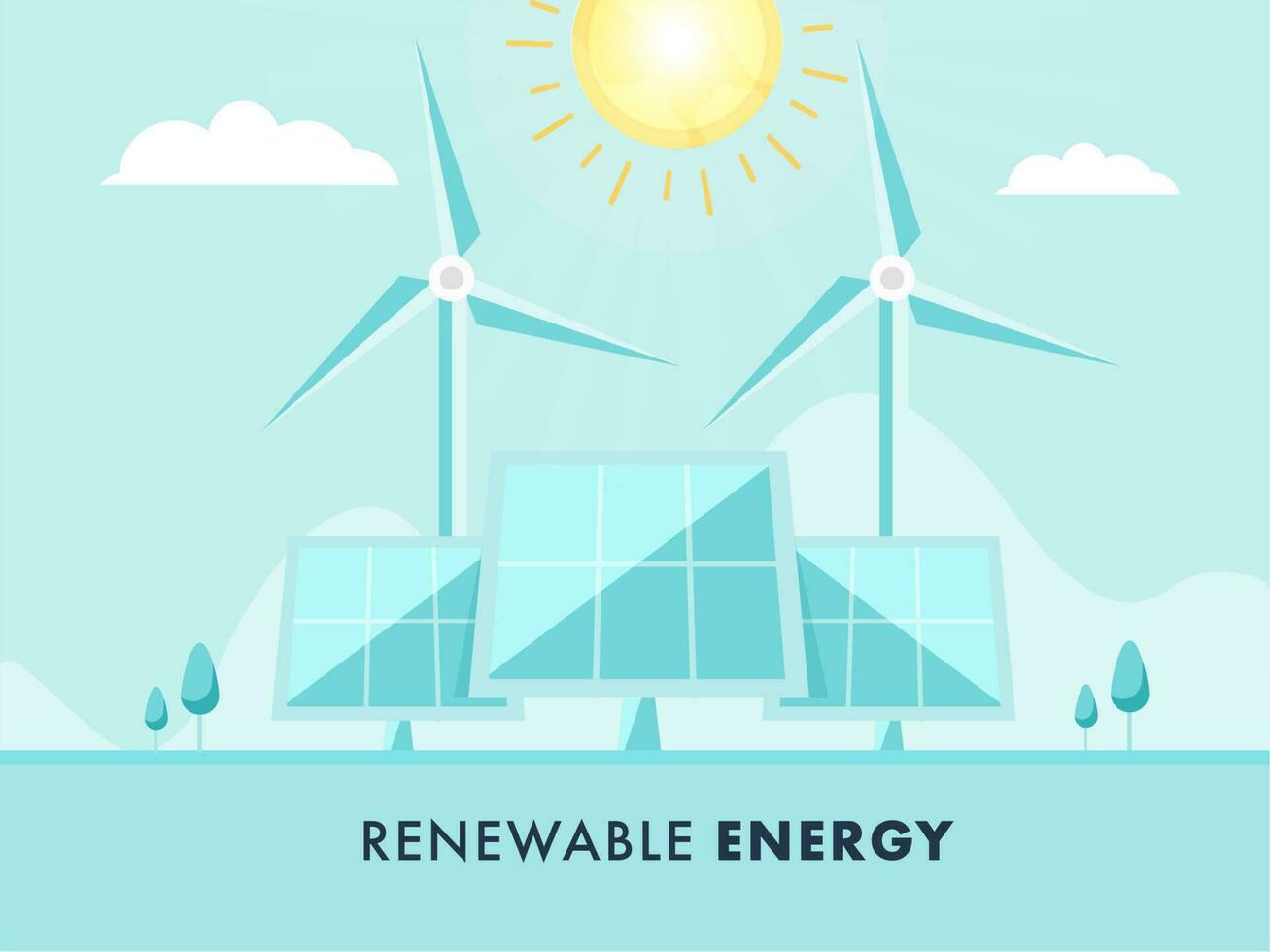 renovable energía póster diseño con solar paneles, molinos de viento y Brillo Solar en azul antecedentes. vector