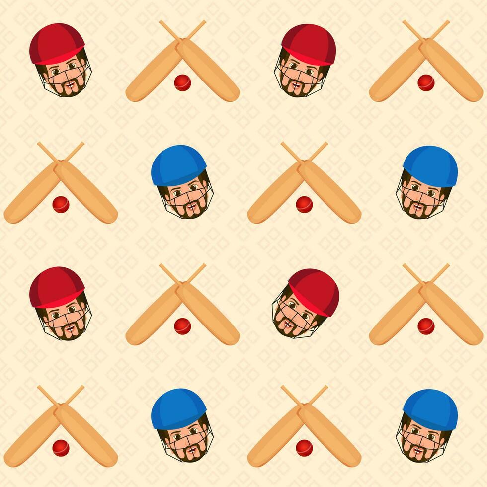 Cricketer Player Face With Crossed Bats, Ball Decorated On Peach Geometric Background. vector