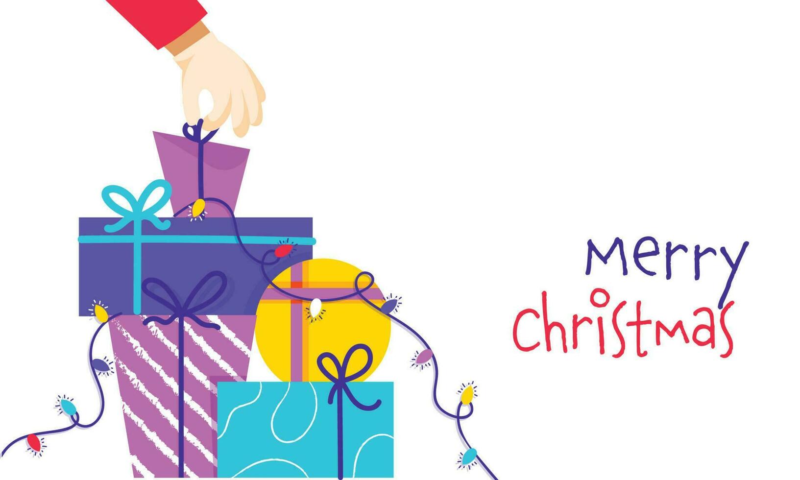 Merry Christmas Font With Colorful Gift Boxes And Lighting Garland On White Background. vector