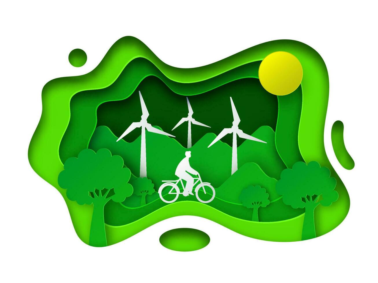 papel capa cortar antecedentes con árboles, hombre montando bicicleta, molinos de viento y Dom ilustración para renovable energía concepto. vector
