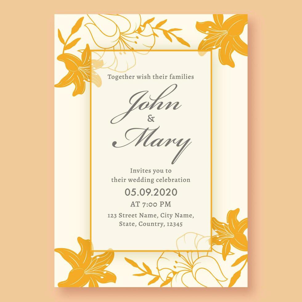 Boda invitación tarjeta diseño decorado con amarillo lirio flores y evento detalles. vector