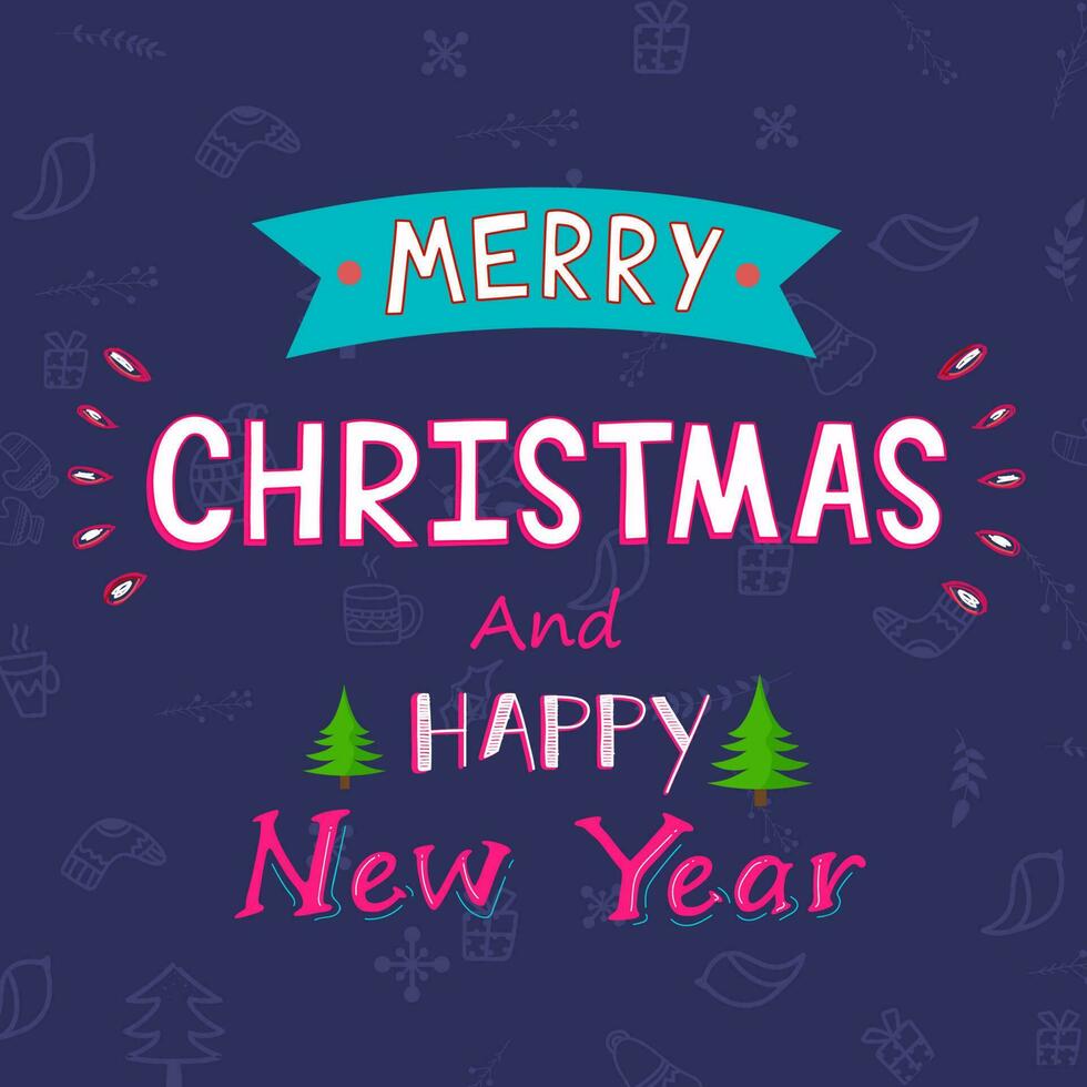 Pink and White Text of Merry Christmas and Happy New Year on Purple Xmas Festival Elements Background in Flat Style. vector